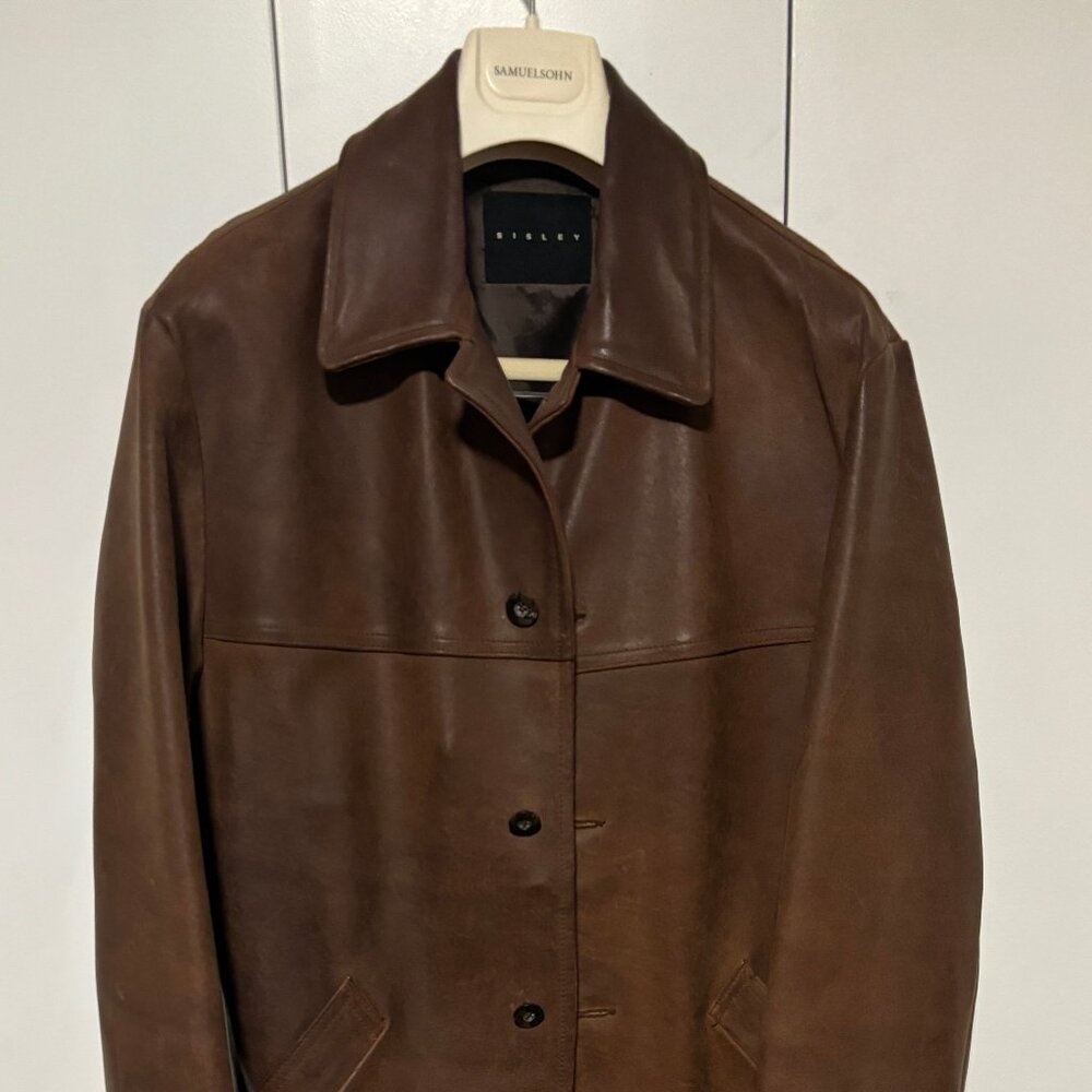 $1200 Sisley Brown Leather Button Closure Jacket - S/M (Aero, Fine Creek)
